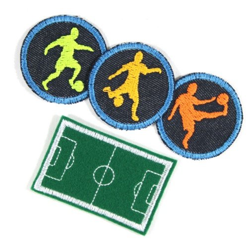 Bügelbilder Paket Aufbügler Junge 4 Flicken Set Bügelflicken ø 5cm Fußballer Fußballplatz 4,7 x 7 cm klein zum aufbügeln für Kinder und Erwachsene von Wertstueck Flickli