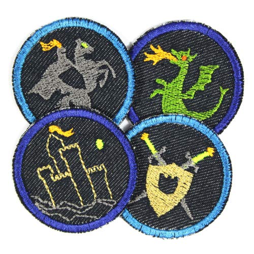 Bügelbilder Ritter Drachen Schwert Burg 4 Flicken ø 5cm Aufbügler kleine Bügelflicken rund Bio Jeansflicken Patches Hosenflicken zum aufbügeln von Wertstueck Flickli