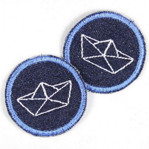 Bügelbilder rund Faltboot weiß auf blau 2 Flicken zum aufbügeln maritime Aufbügler ø 5cm Bügelflicken Bio Jeans kleine Patches Boot von Wertstueck Flickli