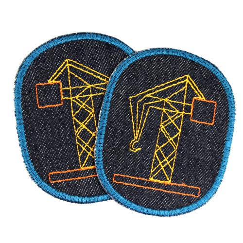 Flicken zum aufbügeln Kran 2 Bügelflicken Baustelle 10 x 8cm Hosenflicken Fahrzeug Knieflicken Aufbügler für Jungen Bio Jeans blau von Wertstueck Flickli