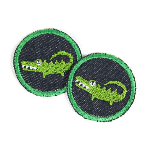 Flicken zum aufbügeln Krokodil 2 Hosenflicken Kroko Aufbügler Set 2 kleine ø 5cm Patches Bio Jeans Tiere runde Knieflicken von Wertstueck Flickli