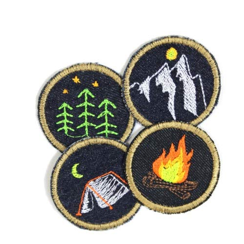 Flicken zum aufbügeln Set Natur Jeans patches 5cm ø Bügelbilder Feuer Wald Zelt Berg 4 Aufbügler Set Camping kleine runde Bügelflicken teilw. leuchtende Neonfarben von Wertstueck Flickli