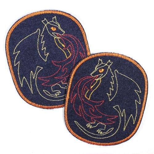 Flicken zum aufbügeln Set retro XL Drache Knieflicken auf Jeans blau 12 x 10 cm Aufbügler groß 2 Drachen Applikationen Bügelflicken Aufnäher patches von Wertstueck Flickli