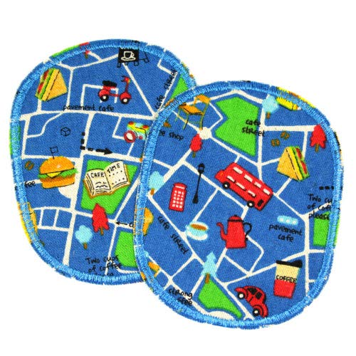 Hosenflicken Fahrzeug Set 2 Flicken zum aufbügeln mit Auto Straßen Motiv Knieflicken Set 10 x 8cm blau Bügelflicken für Kinder von Wertstueck Flickli