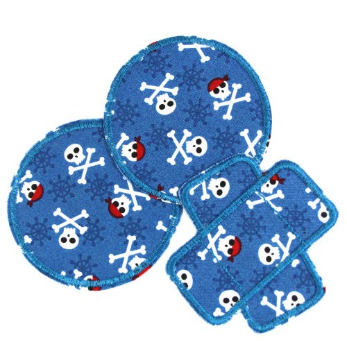 Hosenflicken Piraten Set 3 Flicken zum Aufbügeln als Knieflicken blau skull Aufbügler rund 2 ø 8cm und 1 Pflaster 8,3 x 8cm Patch von Wertstueck Flickli