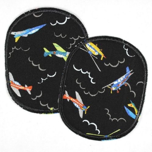 Knieflicken Aufnäher zum aufbügeln für Kinder Set retro Flugzeuge bunt schwarz 2 Flicken 10 x 8 cm Aufbügler für Jungs Hosenflicken und Applikation Bügelflicken von Wertstueck Flickli