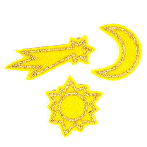 Metallic gold Patches Sternschnuppe Sonne Mond Aufbügler glitzer gelb 3 kleine Bügelbilder Set mini Flicken zum aufbügeln für Erwachsene von Wertstueck Flickli