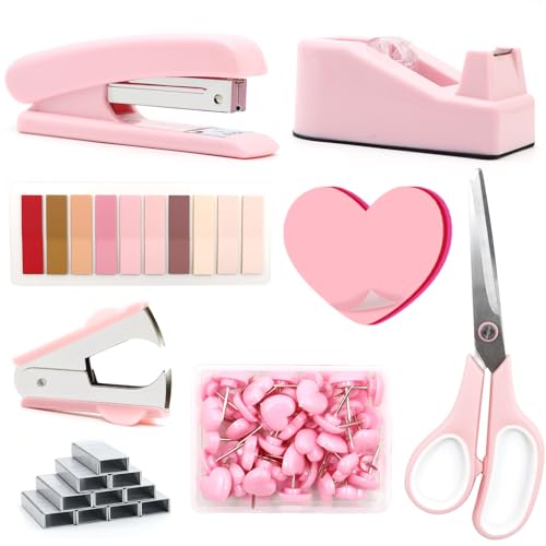 Hefter und Klebebandabroller Set Rosa Klebebandabroller Kit Minimalistische Schreibtischzubehör Moderne Mattmetallhefter für Frauen Studenten Kollegen Chef Home Office Artikel von Werwing