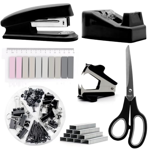 Schwarzes Heftgerät & Klebebandspender-Set – Minimalistisches Büro-Schreibtisch-Zubehör-Set, modernes mattes Metallhefter für Frauen, Studenten, Kollegen, Chef-Geschenke, Heimbüro und Arbeitsbedarf von Werwing