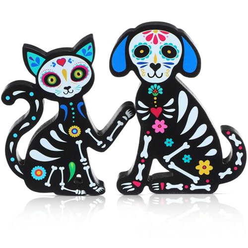 Wesiti 2 Stück Tag der Toten schwarze Katze und Hund Figuren Tischdekorationen Dia De Los Muertos Holzfigur schwarze Katze und Hund Schild Dekor für Halloween Home Office Schreibtisch Kaminsims von Wesiti