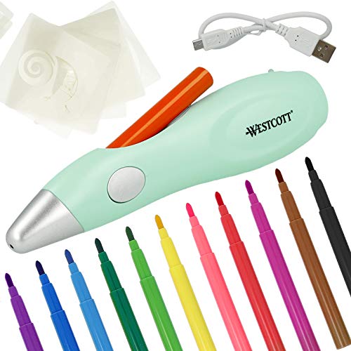 Westcott Elektrischer Farbsprühstift, Airbrush-Set für Kinder mit 12 Filzstiften & 19 Schablonen zum Malen & Zeichnen, mit Akku und USB-Kabel, grün, E-16800 00 von Westcott