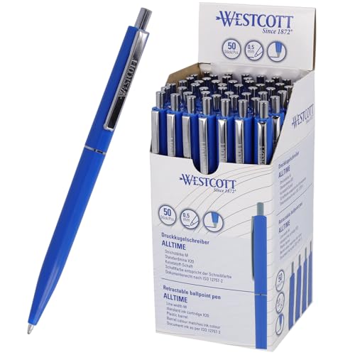 Westcott Kugelschreiber ALLTIME Blau 50 Stück | Vorteilspack Druckkugelschreiber mit blauer Tinte | Strichstärke M mit X20 Standardmine | Dokumentenecht ISO 12757-2 | Stabiler Metallclip | E-733748 00 von Westcott