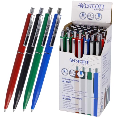 Westcott Kugelschreiber ALLTIME Mix 50 Stück | Vorteilspack Druckkugelschreiber mit blauer Tinte | Strichstärke M mit X20 Standardmine | Dokumentenecht ISO 12757-2 | Stabiler Metallclip | E-737487 00 von Westcott