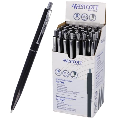 Westcott Kugelschreiber ALLTIME Schwarz 50 Stück | Vorteilspack Druckkugelschreiber mit schwarzer Tinte | Strichstärke M X20 Standardmine | Dokumentenecht ISO 12757-2 | Metallclip | E-733755 00 von Westcott