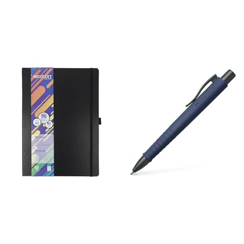 Westcott Notizbuch DIN A4 kariert | 192 Seiten im edlen Hardcover-Einband & Faber-Castell 241189 - Kugelschreiber Poly Ball, urban navy blue, 1 Stück, mit auswechselbarer Mine, dokumentenecht von Westcott