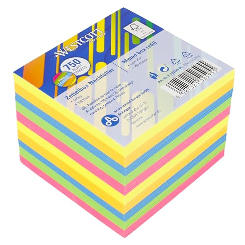 Westcott Notizzettel bunt 750 Blatt Nachfüllpack | Notizblock mit 9 x 9 cm großen Blättern in 5 Neon Farben | Nachfüllset für Spenderbox | FSC-zertifiziertes Papier 75g/m² | E-1733229 00 von Westcott