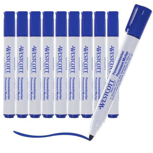 Westcott Permanent Marker 10 Stück Blau | 10er Vorteilspack wasserfeste Marker Stifte | 1,5-3,0 mm Rundspitze | Nachfüllbar, lichtbeständig, schnell trocknend, wischfest | E-713007 00 von Westcott