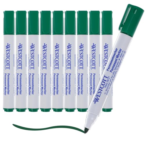 Westcott Permanent Marker 10 Stück Grün | 10er Vorteilspack wasserfeste Marker Stifte | 1,5-3,0 mm Rundspitze | Nachfüllbar, lichtbeständig, schnell trocknend, wischfest | E-713008 00 von Westcott