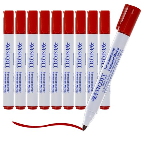 Westcott Permanent Marker 10 Stück Rot | 10er Vorteilspack wasserfeste Marker Stifte | 1,5-3,0 mm Rundspitze | Nachfüllbar, lichtbeständig, schnell trocknend, wischfest | E-713006 00 von Westcott