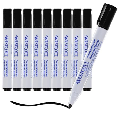 Westcott Permanent Marker 10 Stück Schwarz | 10er Vorteilspack wasserfeste Marker Stifte | 1,5-3,0 mm Rundspitze | Nachfüllbar, lichtbeständig, schnell trocknend, wischfest | E-713005 00 von Westcott