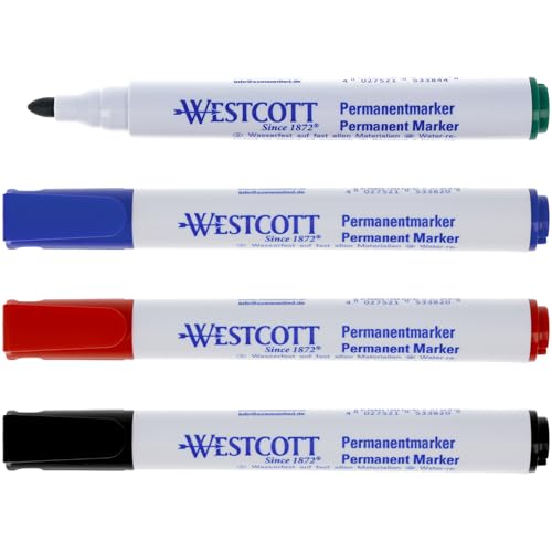 Westcott Permanent Marker Schwarz, Rot, Blau, Grün | 4er Set wasserfeste Marker Stifte | 1,5-3,0 mm Rundspitze | Nachfüllbar, lichtbeständig, schnell trocknend, wischfest | E-713009 00 von Westcott