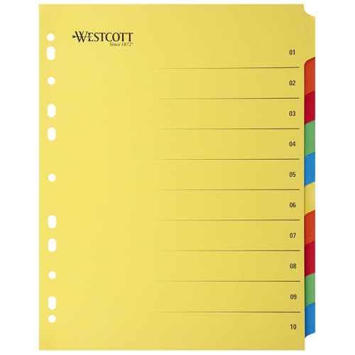 Westcott Register für Ordner A4+ überbreit | Trennblätter für Din A4 Ordner | 10 farbige Tabs extrabreit in 5 Farben als Ordner Organizer | Robuste 230g/m² mit Eurolochung | E-1733313 00 von Westcott