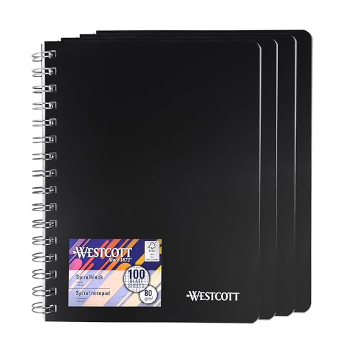 Westcott Spiralblock Notizbuch A5 kariert 4 Stück | 200 Seiten Ringbuch A5 perforiert mit Premium 80 g/m² Papier | Notizblock mit Spiralbindung | Collegeblock im Kunststoffcover | E-730891 00 von Westcott