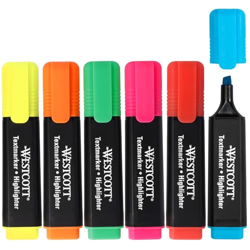 Westcott Textmarker 6 Stück Mix | 6er Set Highlighter Marker in leuchtenden Farben | 2-5 mm Strichstärke | Premium Tinte aus Deutschland | E-744251 00 von Westcott