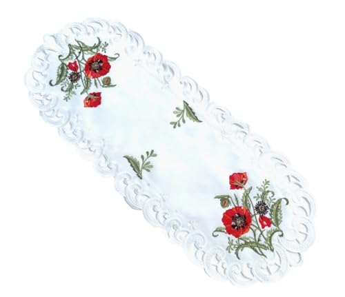 Tischdecke Roter Klatschmohn Stickerei Tischläufer Oval Polyester Creme weiß (22x55 cm) von Westernlifestyle