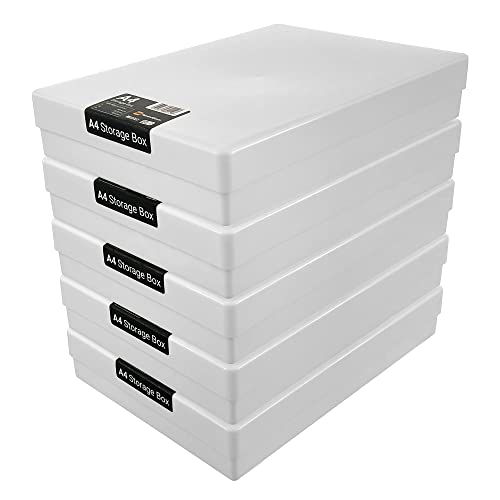 WestonBoxes Robuste A4 Blickdichte und Stoßfeste Aufbewahrungsboxen mit Deckel für Bastelbedarf, Papier und Karte - 3,6 Liter Volumen (Opak Weiß/5er Pack) von WestonBoxes