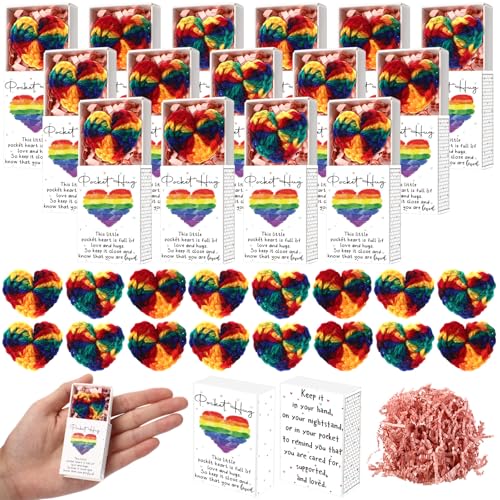 Wettarn 21 Sets Valentinstag Pocket Hug Gifts Bulk 21 LGBT Hand Crochet Rainbow Pride Heart with 21 Greeting Box Long Distance Relationship Romantic Gift for LGBTQ Pride Lesben von Wettarn