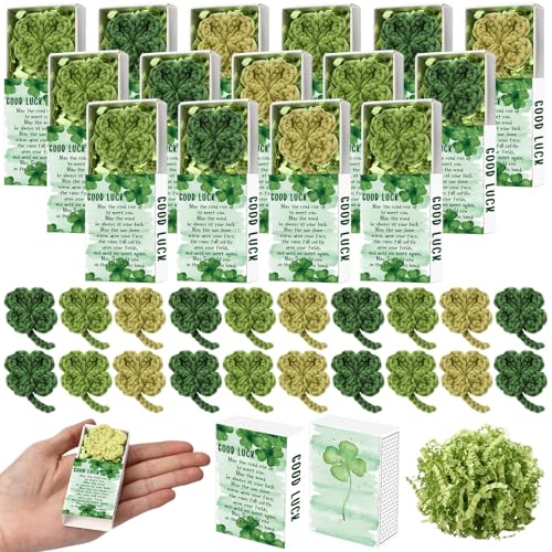 Wettarn 24 Sets St. Patrick's Day Geschenke, Großpackung, handgefertigt, gehäkelt, vierblättriges Kleeblatt, Glücksklee mit Grußbox, Irland-Thema, Geschenke, Dekoration, Ornamente für Frauen, Freunde von Wettarn