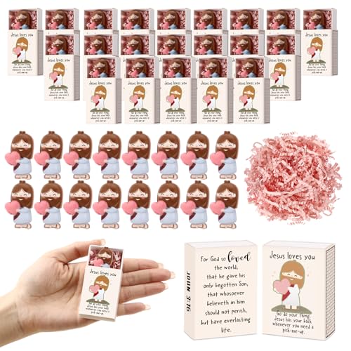 Wettarn 24 Sets Valentinstagsgeschenke Bulk Jesus Loves You Geschenk Mini Jesus Figuren mit Streichholz Aufbewahrungsbox Tasche Jesus für Kollegen Kirchenmitglieder Sonntag Schule Klassenzimmer von Wettarn