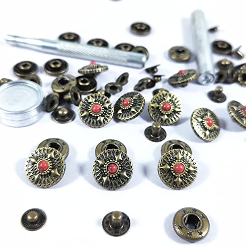 20 Sets Leder Druckknöpfe Set 17 mm Bronze Druckknöpfe Verschluss für Leder Druckknöpfe und Befestigungsset Werkzeug Druckknöpfe in dekorativem Rot Türkis Stil von Wetufin