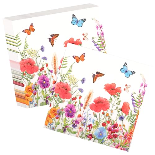 40 Stück Servietten Sommer, Servietten Blumen 33x33cm, Papierservietten mit Blumenwiese Schmetterlinge Blumenmuster, Servietten Sommerparty für Gartenparty Hochzeiten Feiern von Weysoo