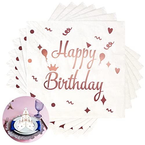 Servietten Geburtstag, 40 Stück Rosegold Happy Birthday Servietten Kindergeburtstag, 2-Lagig Papierservietten mit Motiv für Mädchen Geburtstag Party Tischdeko(33x33cm) von Weysoo