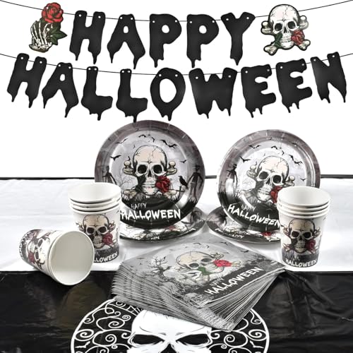 Wffeila Halloween Geschirr Set, Halloween Partygeschirr Dekoration Deko, Tableware Banner Papier Partygeschirr Pappbecher für Halloween-Partys, Partyzubehör von Wffeila