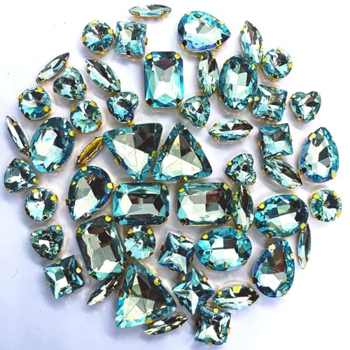 50 Stück Glass Rhinestones,Strasssteine Zum Aufnähen,Schmucksteine Diamant,Strasssteine mit Löch,Kristall Strass,für DIY-Kleidung Handwerk Schuhe Tasche Hochzeit Dekorationen,Hellblauer Strass von Whakano