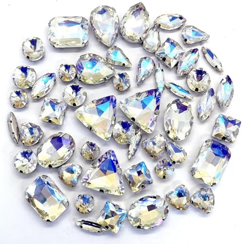 50 Stück Glass Rhinestones,Strasssteine Zum Aufnähen,Schmucksteine Diamant,Strasssteine mit Löch,Kristall Strass,für DIY-Kleidung Schuhe Tasche Hochzeit Dekorationen,Mondlicht Weiße Silberne Klaue von Whakano