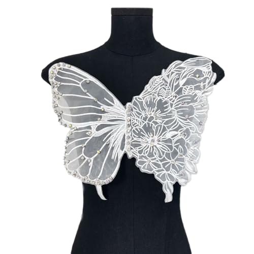 Schmetterling Applikation Patches,Halsausschnitt Dekor Kragen,Spitze Aufnäher Appliques Nähen,Patches zum Aufnähen,Bastelzubehör für Hochzeitskleid,Kleidung Kleid,Taschen Dekoration,Weiß Bunt Strass von Whakano