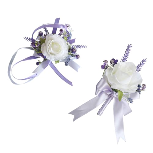 Whakano 1 Satz Künstliche Blume Rosen Boutonniere Handgelenk Corsage Weiß Lila,Hochzeit Ansteckblumen und Handgelenk Blume,für Bankett,Hochzeit Dekoration,Braut Bräutigam Hochzeit,Jubiläumsdaten Usw von Whakano