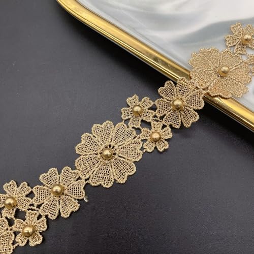 Whakano 19 Yards Stickerei Spitzenband Gold,Retro Spitzenbordüre Mit Perle Geschenkband Zierband,Dekoband Spitzen Borten Bänder zum Tischdeko,Hochzeit,Nähen Handwerk,Kleidung Deko,Blume,3,6cm von Whakano