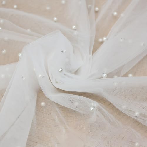 Whakano 1m Tüll Stoff 150 cm Breit,Netzstoff mit Perlen,Dekostoff Tüllband zum Nähen Basteln Dekorieren,Vorhang,Schleifen Hochzeitskleid Bühne Kostüm Kleid,Haarschmuck,Tutu,Hochzeit Deko,Weiß von Whakano