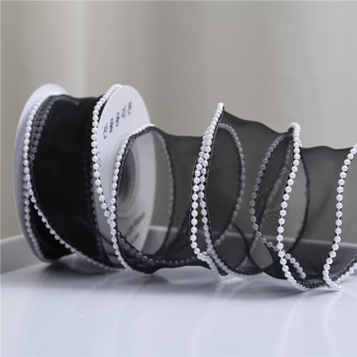 Whakano 2 Rollen Organza Perle Schleifenband Transparentes Chiffonband Organzaband Schleifenband Dekoband für Hochzeit Geburtstag Weihnachten Handwerk Kuchen Geschenkverpackung,4,5m x 4cm,Schwarz von Whakano