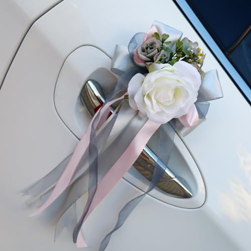 Whakano 2 Stück Autoschleifen Hochzeit,Künstliche Blume Autoschmuck Hochzeit Auto Verschönert Rückspiegel Türgriff Dekoration,für Auto Hochzeit Deko Tischdeko,Hochzeit Stuhl Zurück Dekoration,Grau von Whakano