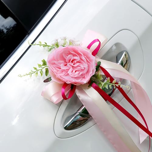 Whakano 4 Stück Autoschleifen Hochzeit,Künstliche Blume Autoschmuck Hochzeit Auto Verschönert Rückspiegel Türgriff Dekoration,für Auto Hochzeit Deko Tischdeko,Hochzeit Stuhl Zurück Dekoration,Rosa von Whakano