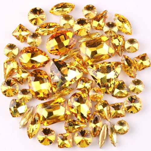 Whakano 50 Stück Glass Rhinestones,Strasssteine Zum Aufnähen,Schmucksteine Diamant,Strasssteine mit Löch,Kristall Strass,für DIY-Kleidung Handwerk Schuhe Tasche Hochzeit Dekorationen,Gold von Whakano