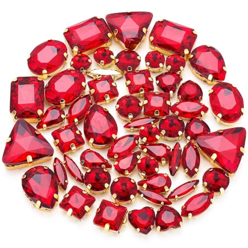 Whakano 50 Stück Glass Rhinestones,Strasssteine Zum Aufnähen,Schmucksteine Diamant,Strasssteine mit Löch,Kristall Strass,für DIY-Kleidung Handwerk Schuhe Tasche Hochzeit Dekorationen,Rot A von Whakano