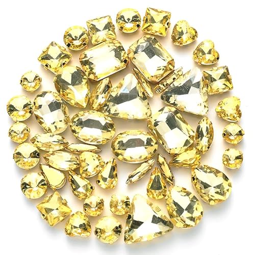 Whakano 50 Stück Glass Rhinestones,Strasssteine Zum Aufnähen,Schmucksteine Diamant,Strasssteine mit Löch,Kristall Strass,für DIY-Kleidung Schuhe Tasche Hochzeit Dekorationen,Hellgelbe Goldene Klaue von Whakano