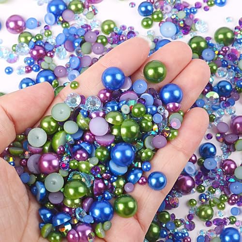 Whakano Mix Halbperlen Strasssteine zum Basteln 30g,Glitzersteine 3mm-10mm Nail Charms,Basteln Diamanten Perlen für Gesichts-Make-Up Fingernagel Kleidung,Schmuck Dekor,Urlaubszubehör,Dunkelblau Grün von Whakano